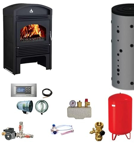 BRUNO EuroTeplo wasserführender Kaminofen Valencia Set 18 kW mit Wasserheizung, Wassertank, Heizelemente, Thermostat, modernem Stil und natürlicher Entlüftung