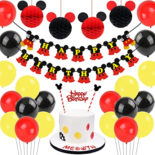 Decorazioni di Compleanno di Topolino, Palline a Nido d'ape in Carta Rossa Topo Cartone Animato Nero, Striscioni di Buon Compleanno, Cake Topper per Topolino Party a Tema