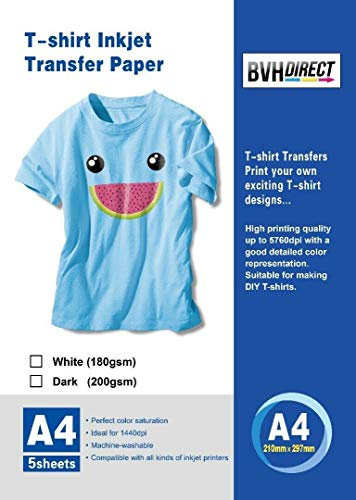 2 X 5pk 10 Sheets BVH Direct Inkjet Iron On T Shirt Transfer Paper for Dark Fabrics A4