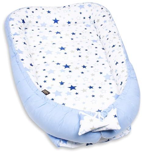 PaLulli 120x60 cm Babynest Babynestchen XXL Babykokon 2seitig 100% Baumwolle Kissen Nestchen für Babybett Reisebett für Baby und Säugling Feathers (Milkyway)