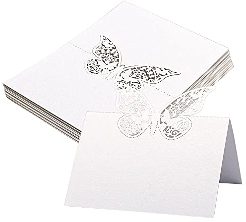 Tischkarten 30Pcs,Weiß Tischkarten zum Einstellen von Tabellen Hochzeit ,Hohl Schmetterling Sitzkarte for Treffen Party Bankett
