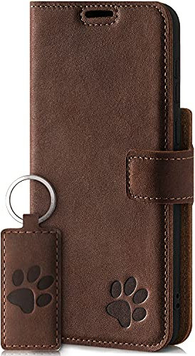 SURAZO Mobile Phone Case for Apple iPhone 13 Mini - Premium Genuine Leather Case with Paw Motif - Vintage Flip Case with Stand Function, Card Slot and Key Ring - Handmade RFID Protective Case (Nut