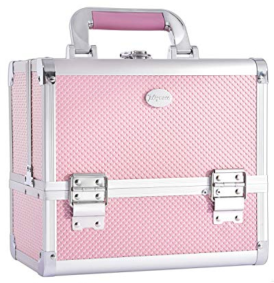 Kosmetikkoffer mit Spiegel Schminkkoffer Leer Make up Koffer Abschließbare Beauty Case aus Alu, rosa