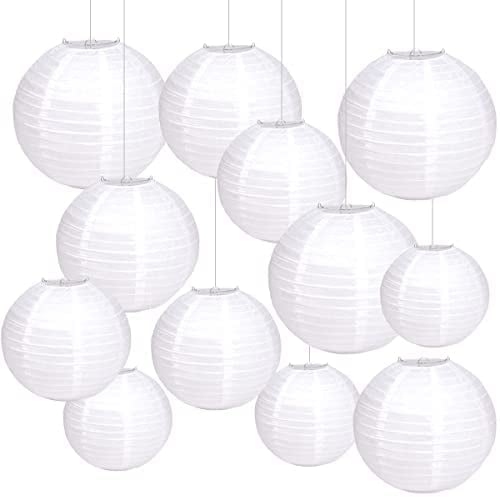 Papier Laternen Set Weiß Party Deko Hochzeit Geburtstag Lampions Rund Dekoration Papierlaterne zum Aufhängen - Verschiedene Größen 15 20 25 30 cm 12 Stück