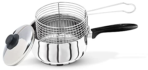 CaterOcassion 20cm Chip Pan - Deep Fat Fryer Set 3pcs Heavy Duty Stainless Steel Chip pans with basket and lid Chip fryer for Induction Hob, Gas Cooker or Electric Cooker - British Brand