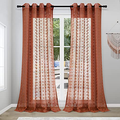 Joywell Rostrot Gardinen Wohnzimmer Vorhänge Transparente Voile Sheer Vorhänge Mädchenzimmer Leinenstruktur mit Ösen Pompons Ösenschal Luftig Dekoschal für Schlafzimmer Kinderzimmer 260x140
