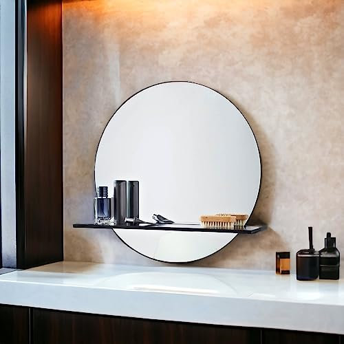 Black Round Bathroom Mirror With Cosmetics Shelf Wall Mounted Metal Frame
