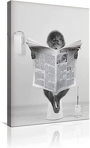 MKHFUW Moderne Leinwand Wandkunst Lustige Tiere, Die auf der Toilette Sitzen, Zeitungsbilder Lesen Badezimmer Schlafzimmer Poster, Rahmenlos (AFFE,40 x 60 cm)