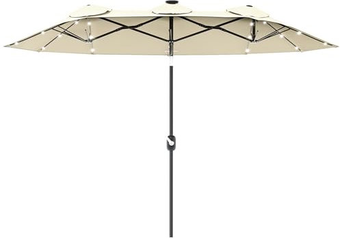 Outsunny Sombrilla Doble con Luces LED 280x146x227 cm Sombrilla de Jardín con Inclinación de 45° Manivela y Costillas de Acero para Terraza Balcón Piscina Beige
