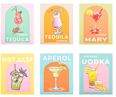 MOROBOR Cocktail Wall Art Posters, Set of 6 Colorful Cocktail Canvas Wall Decor Wine Glass Art Prints Preppy Posters for Bar Party Dorm Kitchen(Unframed, 8x10in)