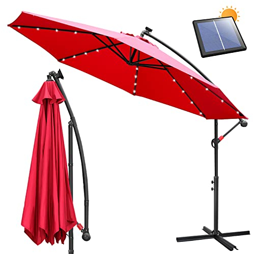 Izrielar Alu Ampelschirm LED Solar Sonnenschirm Rot Ø 350 cm mit Kurbel, Ständer | Gartenschirm Sonnenschutz UV-Schutz Aluminium | Kurbelschirm Marktschirm wasserdicht für Garten