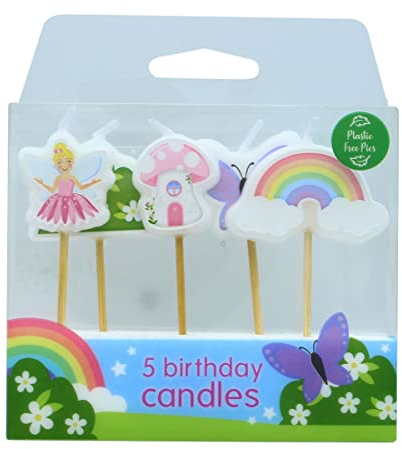 Baked With Love Fairy Garden Cake Candles, 5 Bright Magical Birthday Celebration Cake Decorations, Fairy, Rainbow, Butterfly, Plastic Free Bamboo Pic - Pack of 5 Candles