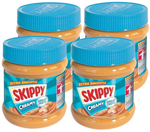 SKIPPY 4 x 340 g di burro di arachidi Creamy | burro di peanut senza olio di palma | Extra Smooth e dal 91% di arachidi | Senza pezzi | Delizioso burro di arachidi dal gusto pieno e cremoso