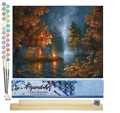 Figured'Art Peinture par Numéro Adulte Camping sous Une Nuit etoilée - Activité Manuelle Kit de Loisir Créatif DIY Numéro d'Art Complet - 40x50cm avec châssis en bois à monter