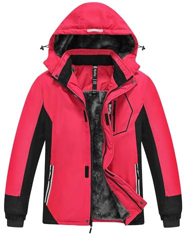 MoFiz Veste de Ski Garçon Hiver Chaud Manteau de Neige Imperméable de Montagne en Polaire Coupe-Vent Enfants Blouson avec Capuche Amovible Rouge/Gris foncé L(13-16 ans)