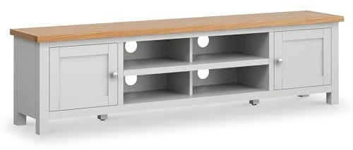 Farrow Grey 180cm Extra Large TV Unit for Living Room| Roseland Furniture Painted Solid Wooden Oak Top Television Table with Cabinet Storage Suitable for 65 inch TV | Fully Assembled