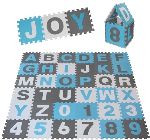 ALPIDEX Kinder Puzzlematten 86-teilig | Buchstaben & Zahlen | 36 Matten - 30 x 30 x 1cm | Spielteppich Baby Krabbelmatte Kinderteppich Puzzle Lernteppich XXL Bunt, Farbe: Blau