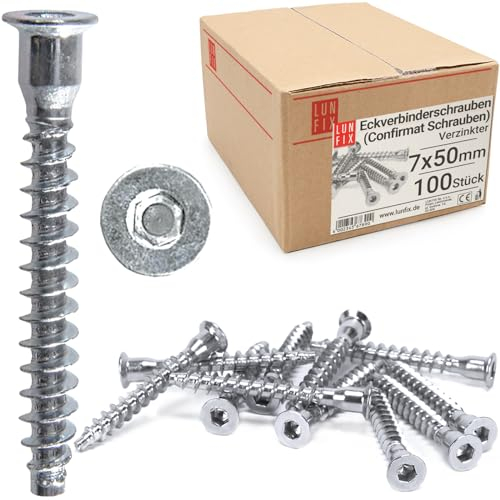 Lun Fix Confirmat Schrauben 7 x 50 mm | 100 Stück | verzinkter Stahl, Euroschrauben, Korpusverbinder, Möbelverbinder mit Innensechskant Senkkopf, Möbelschrauben, Inbusschrauben für Möbel