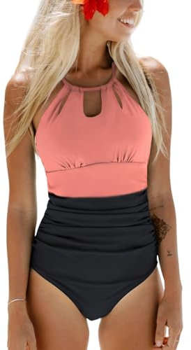 CUPSHE Damen Badeanzug High Neck Bauchweg Raffungen Strandmode Farbblock Zierausschnitt Einteilige Bademode Swimsuit Schwarz/Rosa M