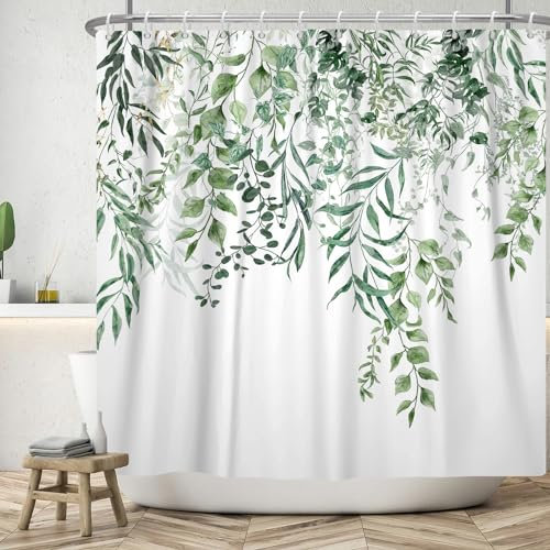 ASDCXZ Grün Blätter Duschvorhang 240x180 cm, Frühling Handgemalt Grün Gold Blätter Pflanzen Waschbar Duschvorhänge Polyester Stoff Wasserdicht Anti Schimmel Duschvorhang für Badewanne mit 12 Haken