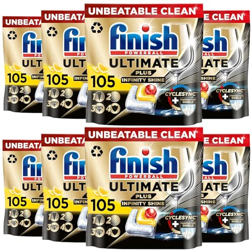 Finish Dishwasher Tablet, Ultimate Plus Infinity Shine, 840 Tabs (105 x 8pck), Lemon Sparkle, Tough on Grease, Our Most Intensive Clean & Shine, Effective for Short Eco Cycle