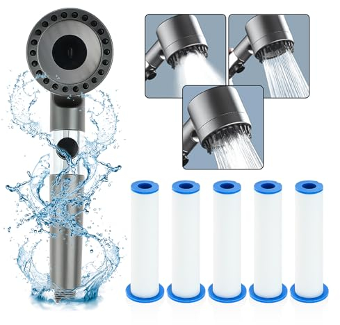 DRELD Multifunktions Massagedusche mit 3 Strahlarten, 3 Modi Hochdruck Duschkopf mit 5 Filter, Hochdruck Duschkopf Wassersparend mit Wasserstopp Silikonmund Ideal für Erwachsene, Kinder, Haustiere