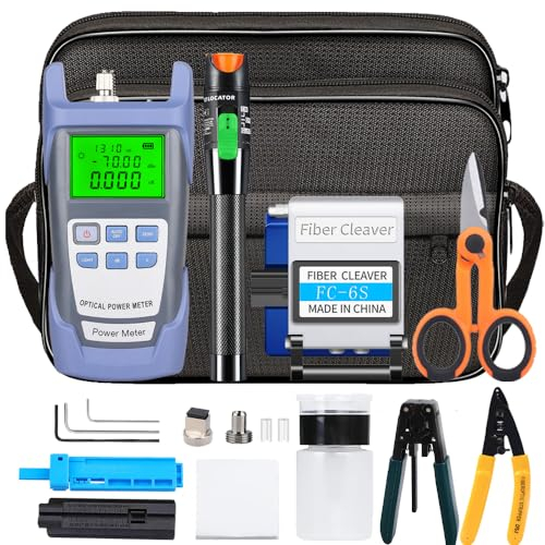 FTTH Kit de herramientas de fibra óptica con Cortadora de Fibra Óptica FC-6S, Localizador visual de defectos 30mW 30KM, CFS-3 Pelacables y tijeras Kevlar, Potómetro de fibra óptica