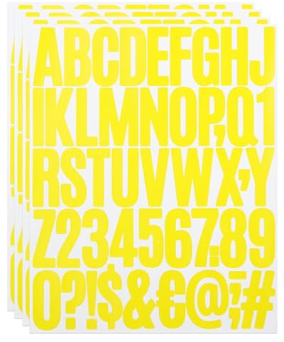 2 Inch Sticky Vinyl Letter Number Stickers, 4 Sheets Self Adhesive Stick On Alphabet Symbol Sticker for Scrapbook, Bottle Decor - Yellow