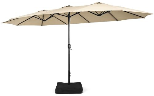 TANGZON Large Outdoor Umbrella, 4.5M Double-Sided Patio Parasol with Base, Hand-Crank System, Vented Top & 12 Ribs, Twin Size Market Sun Shade for Poolside Deck Lawn Commercial (Beige)