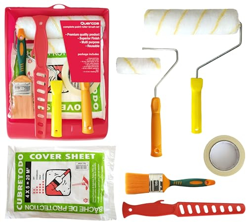Quercos Farbroller Set, Malerset Streichen 8-teilig mit Malerrolle groß und klein, Farbroller Bügel, Malerpinsel, Farbwanne, Abdeckfolie, Farbrührstab, Farbroller mit Ersatzhülsen für Wandfarbe