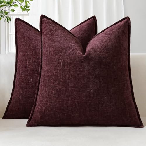 Sungeek 2er Set Chenille Kissenbezüge, Weich Dekorativ Zierkissenbezüge Umwickelte Kante Kissenbezug Dekokissen Deko Bezug Einfarbig Kissenhülle für Sofa Schlafzimmer Wohnzimmer (40x40cm, Bordeauxrot)
