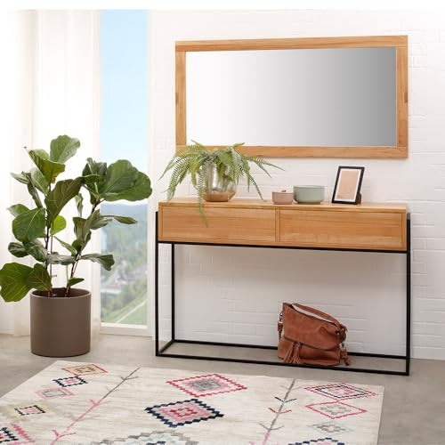 Lomadox Flurmöbel Set Massivholz Eiche Sideboard Spiegel Wildeiche massiv geölt Metallgestell schwarz