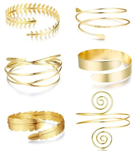 CASSIECA 6 Stück Goldene Armmanschetten für Damen Armreif Oberarmreif Minimalistisch Einfach Verstellbar Griechische Armbinde Hochzeits Schmuck Vergoldet