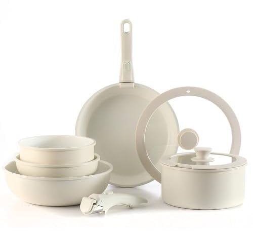 Daniks 9-Piece Nonstick Cookware Set | Ceramic Pots and Pans for Induction | Detachable Silicone Handles | Oven & Dishwasher Safe | Beige Sleek Design