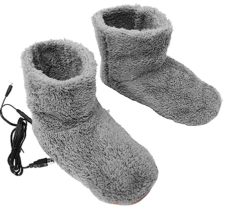 Healvian 1pair USB Heated Plush Shoes Electric Foot Warmer Booties Boot Shape Design Fast Heating Rechargeable Winter Shoes for Bed and Desk Grey