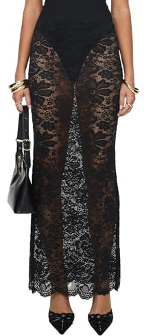 Nicoxijia Jupe longue Y2k en dentelle transparente pour femme - Pour l'été, la plage, les fêtes, les fêtes - Style décontracté