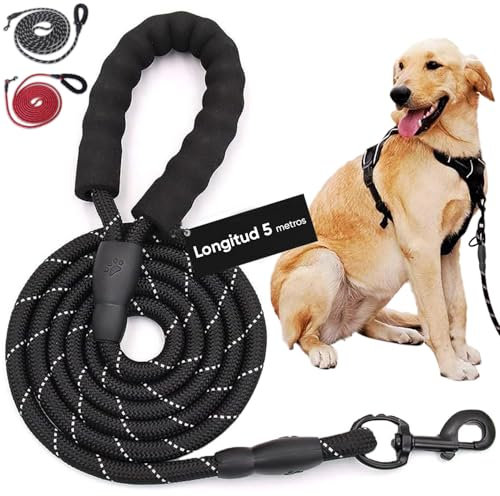 Mablik® Correa Perro Larga Adiestramiento 5 Metros Negra (diámetro 1 cm), con Mosquestón de Alta Resistencia 360º y Empuñadura Suave. Correa Larga Perro Reflectante (Correa Negra, 5m)