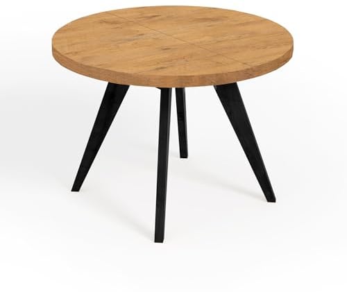 Dekori Möbel Runder Ausziehbarer Tisch für Esszimmer mit Holzbeinen, LORA, Loft-Stil, Skandinavische, Durchmesser Varianten: von 90 bis 220 cm (Eiche Lancelot/Schwarz, Durchmesser: 90/190 cm)