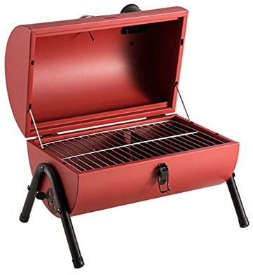 Tragbarer Grill, Edelstahl-Holzkohlegrill in Fassform mit Thermometer, seitlichen Belüftungsöffnungen und Tragegriff aus Holz für Strandausflüge, Garten, Partys oder Campingausflüge (Farbe: Rot)