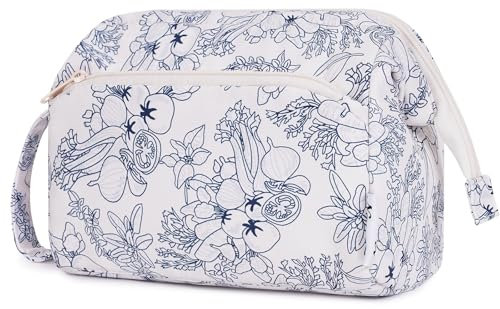 Narwey Kulturtasche Damen Kulturbeutel Kosmetiktasche Schminktasche Reise Make-up-Tasche mit Weit Offener Tasche für Damen Frauen (Dunkelblaue Blumen)