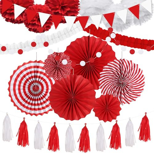 BOFUNX Kölner Karneval Rot Weiß Party Dekoration Rot Weiß Pompoms Aufhängen Papierfächer Hängende Girlanden Wimpelkette Papierquaste für Fashing Karneval Geburtstag Hochzeit Festival