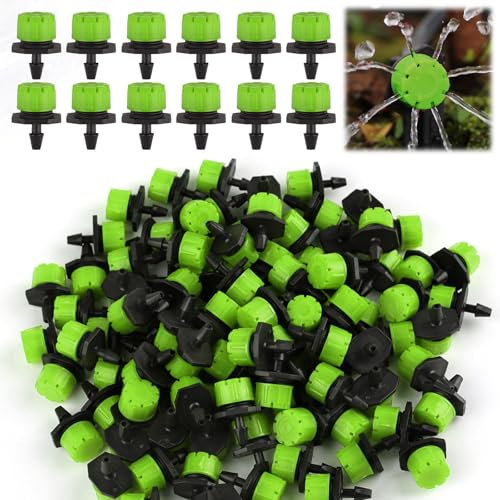 Rolcoassuns 200 goteros ajustables de 1/4 pulgadas, microemisores riego de 360 ° para sistemas de riego de jardín, rociadores a prueba de obstrucciones para mangueras de 4 mm