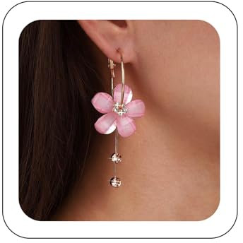 Cimenexe Bohemian Enamel Flower Hoop Earrings Pink Acrylic Flower Dangle Earrings Long Cz Flower Tassel Drop Earrings Colorful Crystal Flower Earrings Jewelry for Women (Pink)