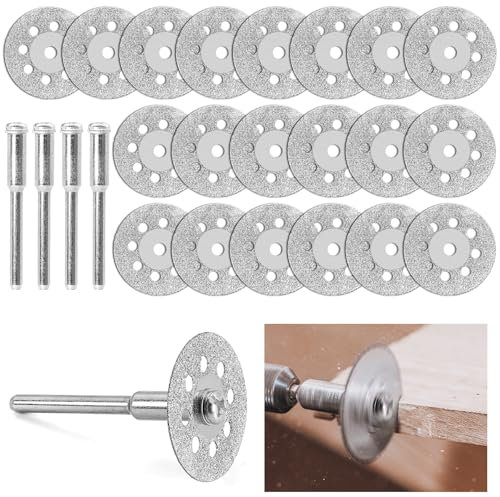 Diamant Trennscheibe, 20Pcs Sägeblatt, 22 mm Trennscheiben Set für Dremel Zubehoer, Diamantscheibe Mini Diamant Schneidscheibe mit 4 Stück 3 mm Dorn für Holz, Fliese, Glas, Stein (20)