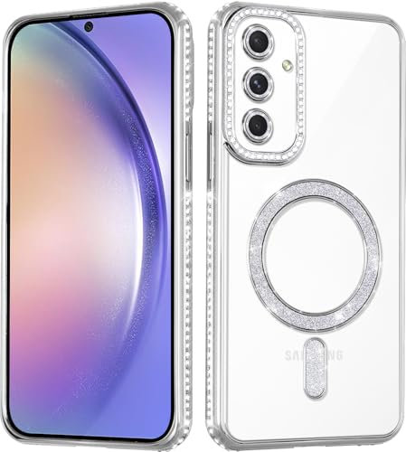 Coalbooliy Handyhülle für Samsung Galaxy A54 5G Hülle Glitzer 6,4 [Kompatibel mit MagSafe], Plating Magnetic Durchsichtig Silikon Cover Bling Sparkly Diamond Crystal Luxury Case Mädchen, Silber