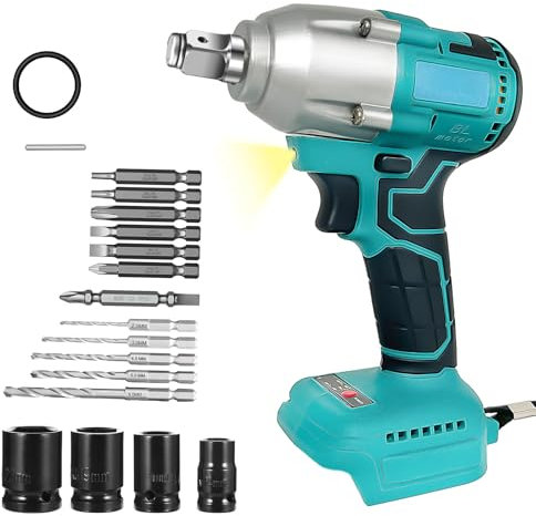 Cordless Impact Wrench 1/2,Compatible with Makita 18V Battery,450Nm 3200RPM, with 16 pcs Accessories,for Car Tires, DIY Manufacturing Repair (No Battery)