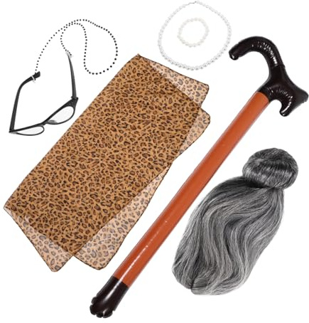 Toddmomy Alt Dame Cosplay Set Mit Kopftuch-accessoire Brillenhalterkette Und Kunstperlen-halsketten-accessoires Für Oma-cosplay-kostüm Realistisches Aussehen Für Partys Und Rollenspiele
