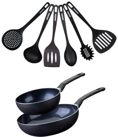 Fackelmann 9433650 Set de 2 woks de 20 et 28 cm et 6 ustensiles, tous feux, sans PFAS,antiadhésif, wok induction, revêtement céramique antiadhésif, Aluminium, RPET, Noir, Vert, 20 à 28 cm