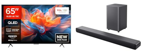 TCL 65T8C TV QLED 4K HDR Ultra HD da 65, QLED TV con tecnologia Google TV (Dolby Vision e Atmos, Motion Clarity Pro a 144 Hz, FreeSync, audio Onkyo 2.1, compatibile con Google Assistant)