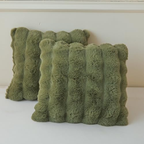 LIFEREVO Fluffy Faux Rabbit Fur Cushion Covers 45x45cm Set of 2, Sage Green | Soft Plush Bubble Throw Pillow Covers with Zipper, Washable Decorative Furry Fuzzy Square Pillow Shams for Bed Sofa Office
